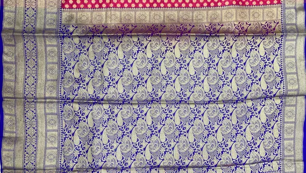 Humairah_Presents_Pink_Katan_Silk_Golden_Zari_Chunri_Booti_with_Contrast_Blue_Paisley_Pallu_and_Skirt_Zari_Border_with_Blue_Blouse