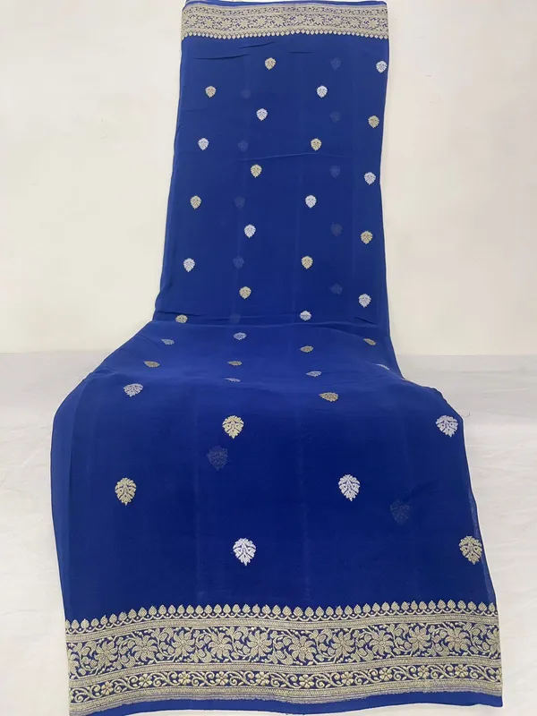 Humairah_Pure_Silk_Handloom_Navy_Blue_Khaddi_Georgette_Sona_Rupa_Kadhwa_Zari_Booti_with_Kadhwa_Weave_Border_and_Navy_Blue_Blouse