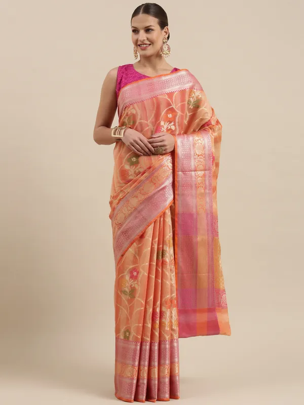 Peach_Matka_Silk/Silk_Blend_Banarasi_Sarees_For_Women