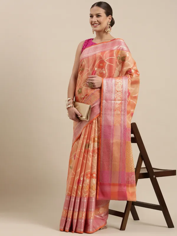 Peach_Matka_Silk/Silk_Blend_Banarasi_Sarees_For_Women