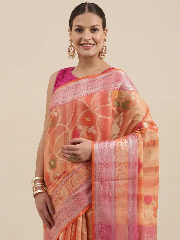 Peach_Matka_Silk/Silk_Blend_Banarasi_Sarees_For_Women