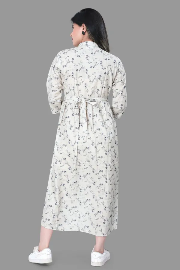 Cream_Maternity_Dress_|_Cream_Linen_Printed_3/4Th_Sleeves_Maternity_Wear_For_Women