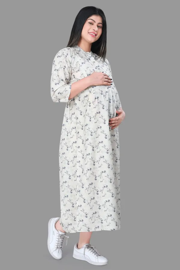 Cream_Maternity_Dress_|_Cream_Linen_Printed_3/4Th_Sleeves_Maternity_Wear_For_Women