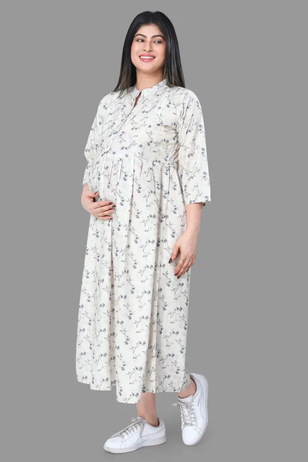 Cream_Maternity_Dress_|_Cream_Linen_Printed_3/4Th_Sleeves_Maternity_Wear_For_Women