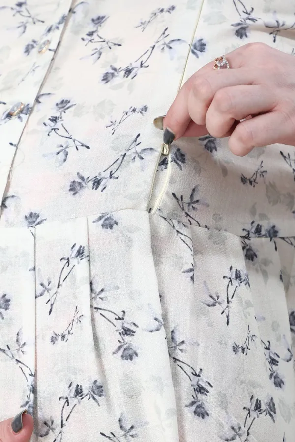 Cream_Maternity_Dress_|_Cream_Linen_Printed_3/4Th_Sleeves_Maternity_Wear_For_Women