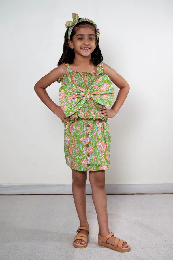 Green_Co-ord_Set_for_Girls_|_Printed_Cotton_Skirt_And_Bow_Top