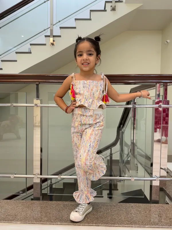White_Top_And_Pant_Set_For_Girls_|_Abstract_Printed_Cotton