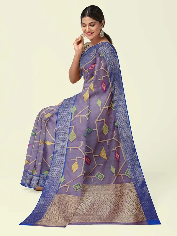 Blue_Cotton_Blend_Banarasi_Sarees_For_Women