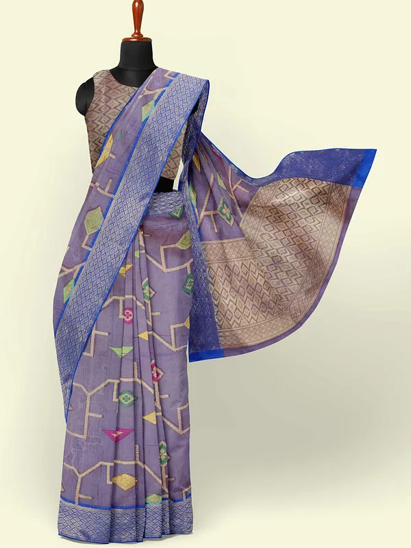 Blue_Cotton_Blend_Banarasi_Sarees_For_Women