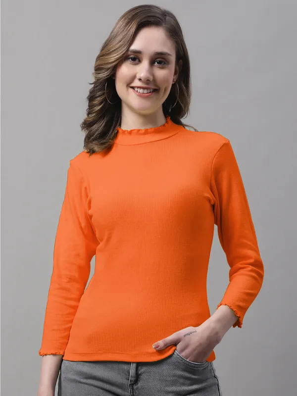 Orange_Cotton_Rib_Turtle_Neck_Medium_Top_For_Women