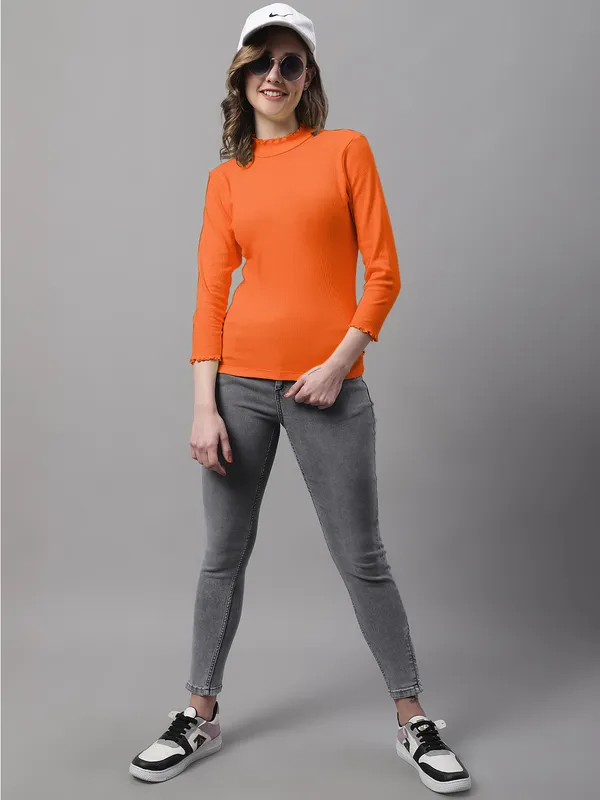 Orange_Cotton_Rib_Turtle_Neck_Medium_Top_For_Women