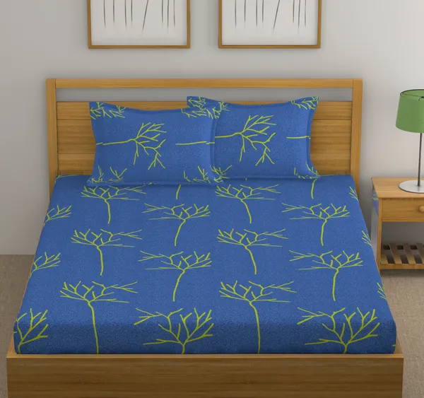 144_TC_Floral_Cotton_Bedsheet_for_Queen_Size_Bed_with_2_Pillow_Covers_-_Blue_and_Green