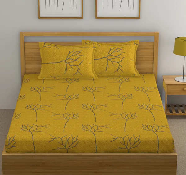 144_TC_Floral_Queen_Size_Bedsheet_Cotton_with_2_Pillow_Covers_-_Yellow_and_Grey