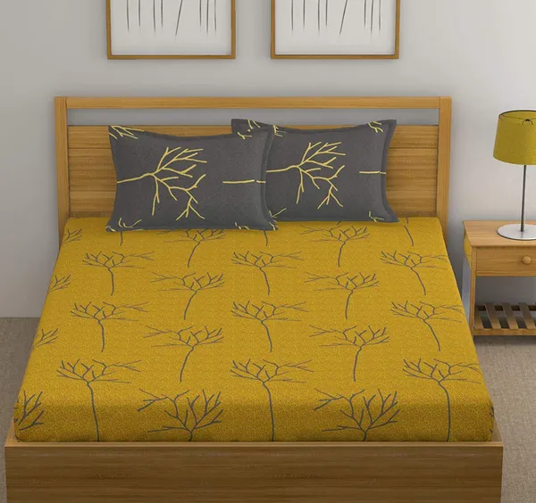 144_TC_Floral_Cotton_Bedsheets_for_Queen_Size_Bed_with_2_Pillow_Covers_-_Yellow_&_Grey