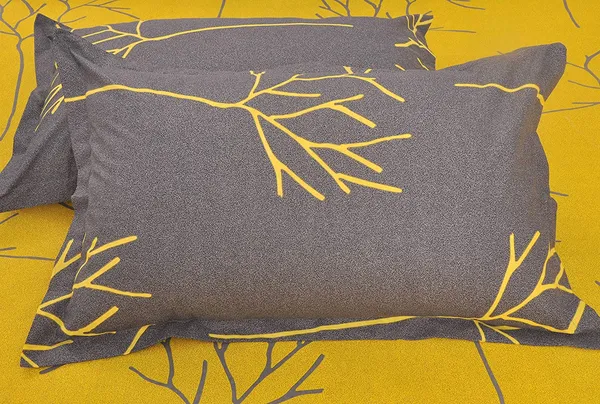 144_TC_Floral_Cotton_Bedsheets_for_Queen_Size_Bed_with_2_Pillow_Covers_-_Yellow_&_Grey