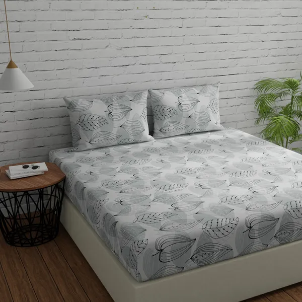 144_TC_Floral_Cotton_Bedsheet_for_Queen_Size_Bed_with_2_Pillow_Covers_-_Grey,_Black_&_White