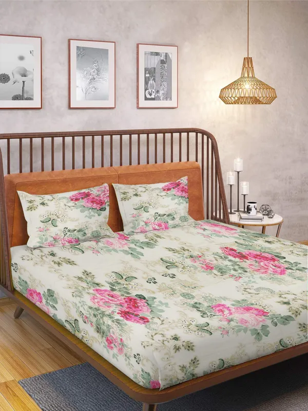 144_TC_Floral_Cotton_King_Size_Bedsheet_with_2_Pillow_Covers_-_Beige,_Pink,_Green(9ft_x_9ft)