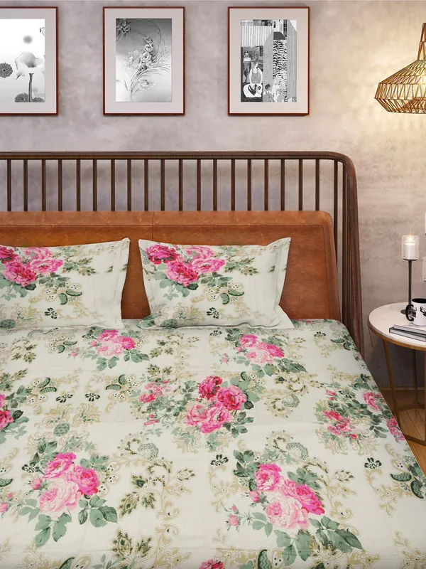 144_TC_Floral_Cotton_King_Size_Bedsheet_with_2_Pillow_Covers_-_Beige,_Pink,_Green(9ft_x_9ft)