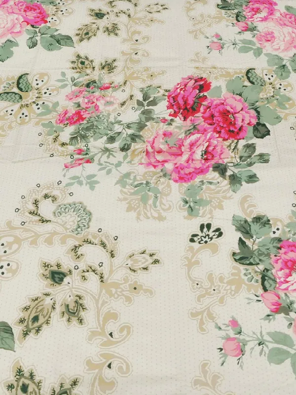 144_TC_Floral_Cotton_King_Size_Bedsheet_with_2_Pillow_Covers_-_Beige,_Pink,_Green(9ft_x_9ft)