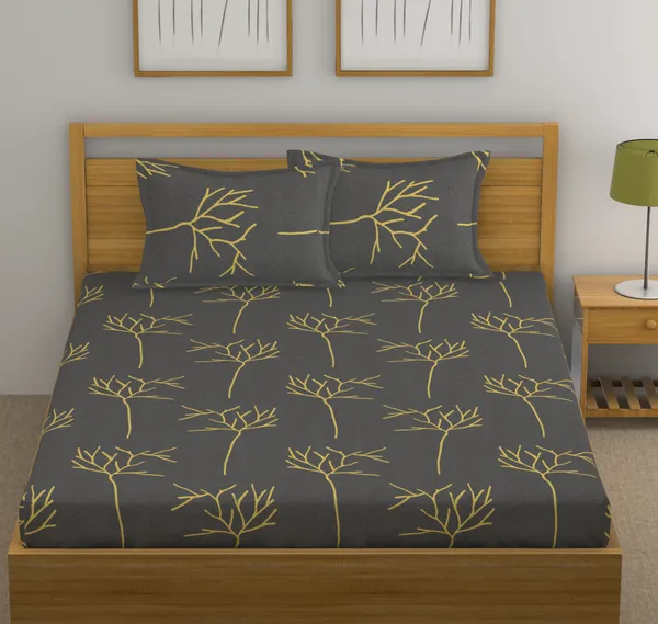 144_TC_Floral_King_Size_Bedsheet_Cotton_with_2_Pillow_Covers_|_108_x_108_inches_|_Grey_and_Yellow