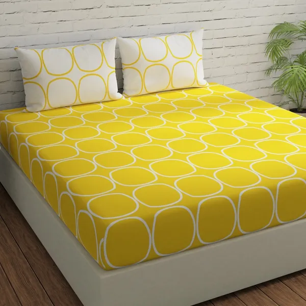 144_TC_Geometric_King_Size_Bedsheet_Cotton_with_2_Pillow_Covers_|_108_x_108_inches_|_Yellow_&_White