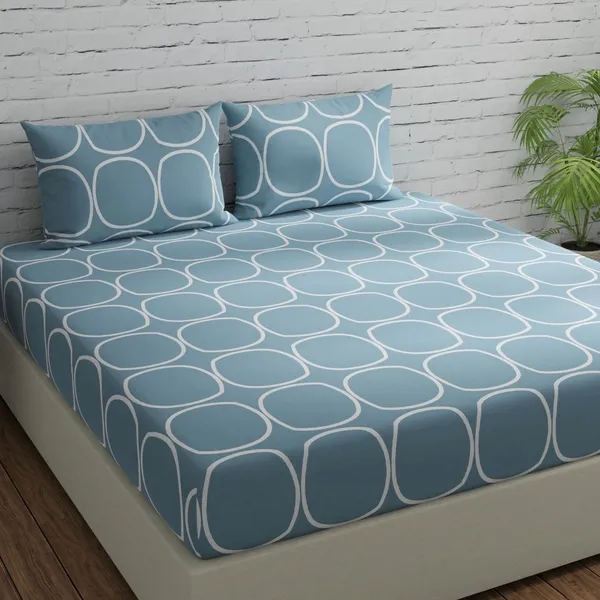 144_TC_Geometric_King_Size_Bedsheet_Cotton_with_2_Pillow_Covers_|_108x108_inch_|_Blue