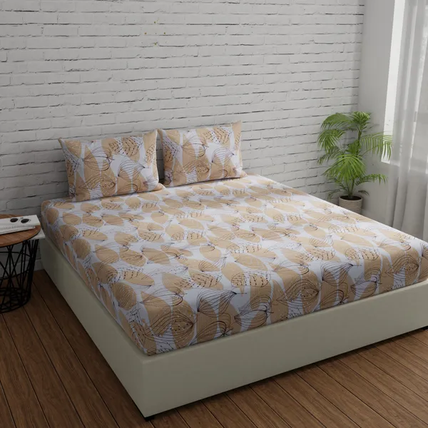144_TC_Floral_Cotton_Bedsheets_for_King_Size_Bed_with_2_Pillow_Covers_|_108x108_inches_|_Brown_&_White