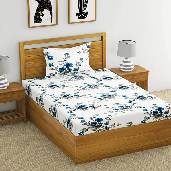 144_TC_Floral_Cotton_Single_Bedsheet_with_1_Pillow_Cover_-_White,_Blue