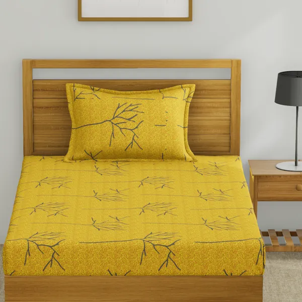 144_TC_Floral_Bedsheet_for_Single_Bed_with_1_Pillow_Cover_-_Yellow_and_Grey