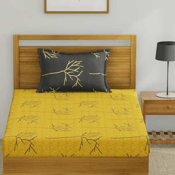 144_TC_Floral_Bed_sheet_for_Single_Set_Bed_with_Pillow_Cover_-_Yellow_&_Grey