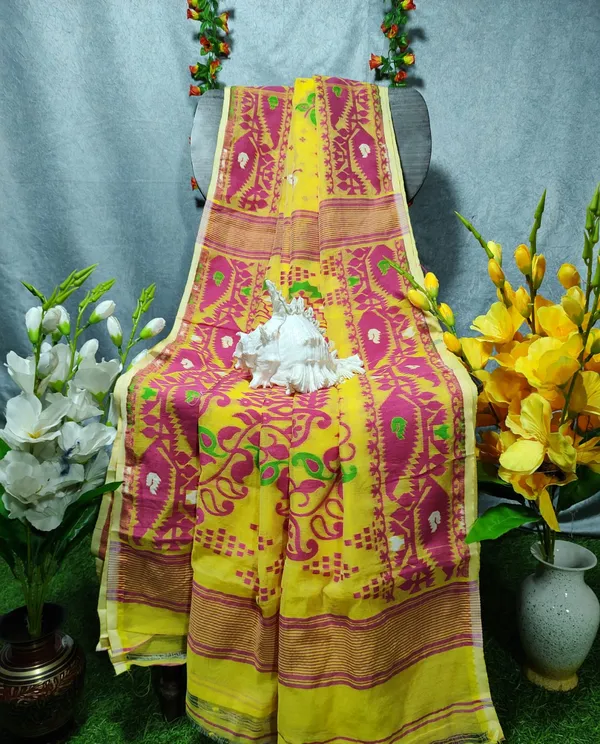 Yellow_Self_Design_Jamdani_Cotton_Silk_Saree