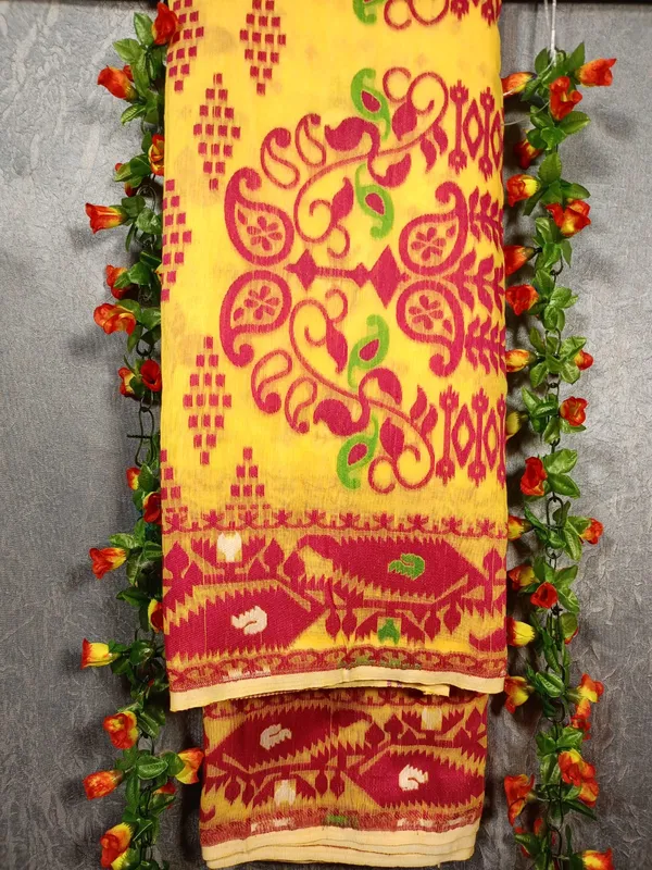 Yellow_Self_Design_Jamdani_Cotton_Silk_Saree