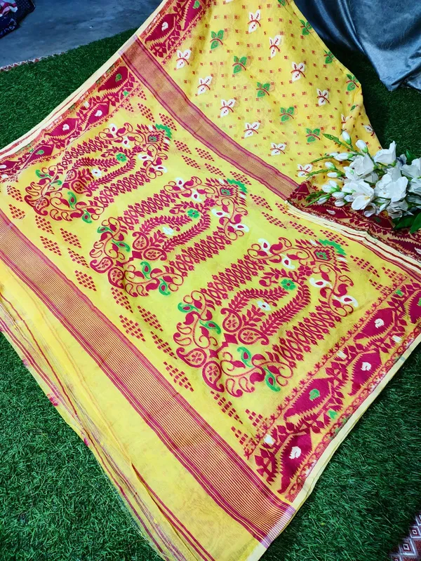 Yellow_Self_Design_Jamdani_Cotton_Silk_Saree