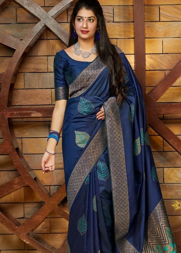 Women Elegence Blue Self Design Kanjivaram Silk Saree with Saree Cover ...