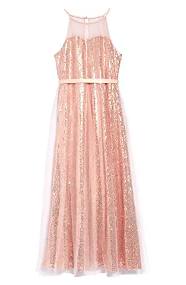 Gold_Sequined_Round_Neck_Long_Dress_For_Girls