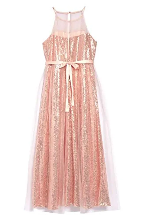 Gold_Sequined_Round_Neck_Long_Dress_For_Girls