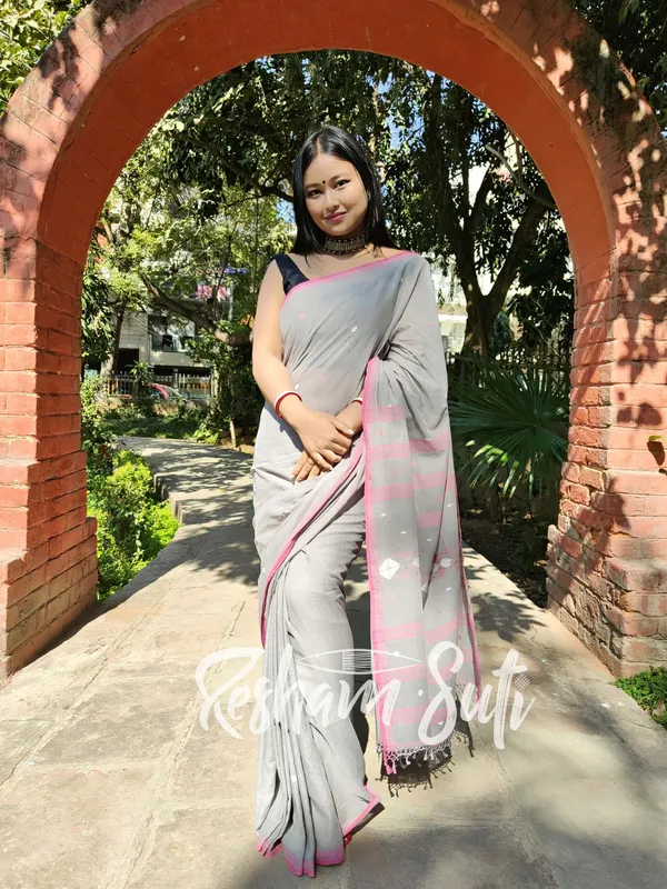 Grey_&_Pink_Handwoven_Cotton_Jamdani_Saree-Mitti_Ke_Phool