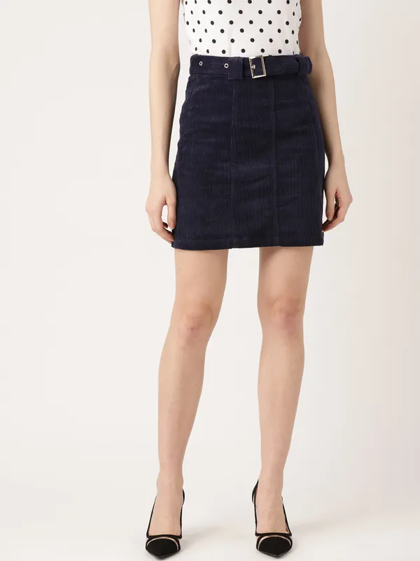 Blue_Polyester_Self_Design_Casual_Straight_Skirt_For_Women