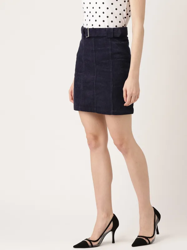 Blue_Polyester_Self_Design_Casual_Straight_Skirt_For_Women