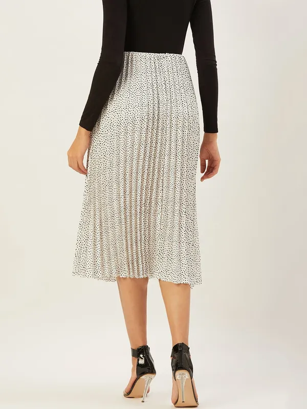 White_Cotton_Blend_Polka_Print_Casual_Flared_Skirt_For_Women