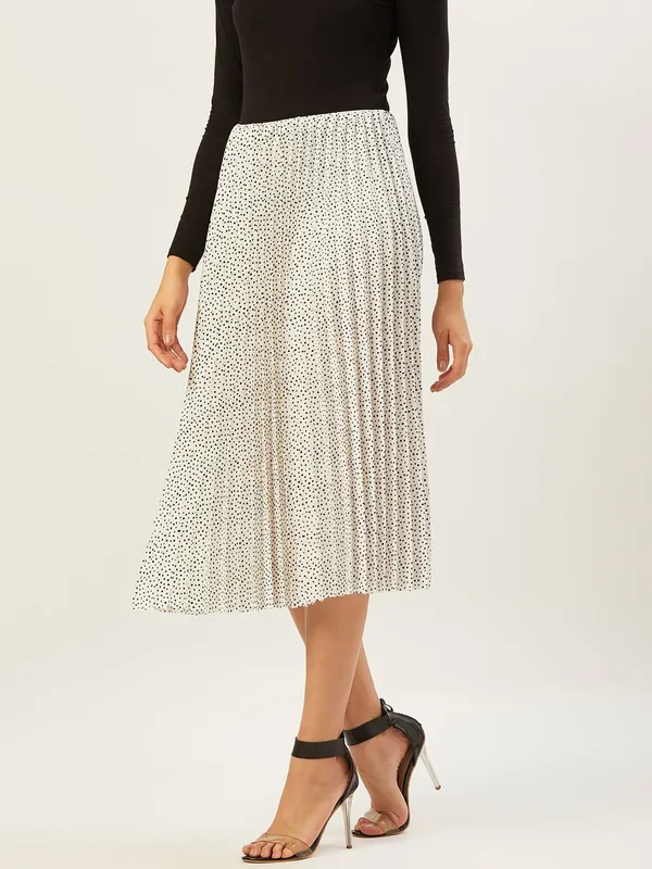 White_Cotton_Blend_Polka_Print_Casual_Flared_Skirt_For_Women