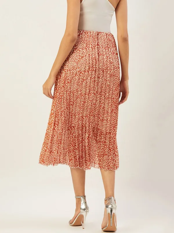 Orange_&_White_Cotton_Blend_Floral_Print_Casual_Flared_Skirt_For_Women
