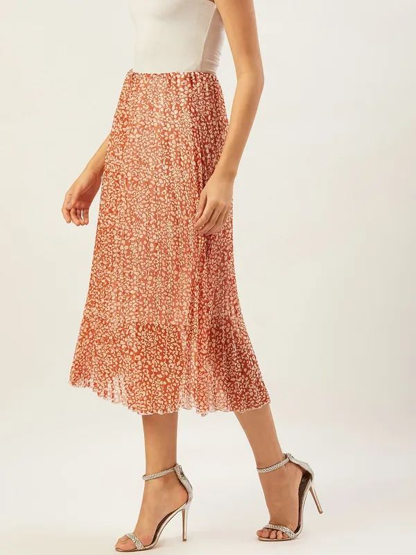 Orange_&_White_Cotton_Blend_Floral_Print_Casual_Flared_Skirt_For_Women