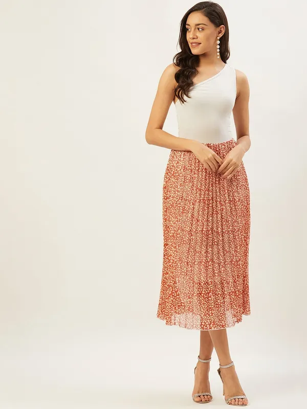 Orange_&_White_Cotton_Blend_Floral_Print_Casual_Flared_Skirt_For_Women