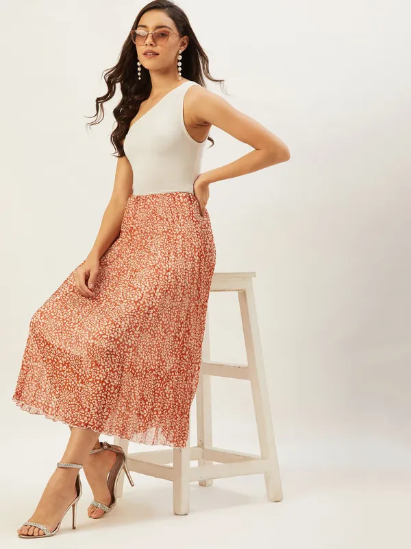 Orange_&_White_Cotton_Blend_Floral_Print_Casual_Flared_Skirt_For_Women