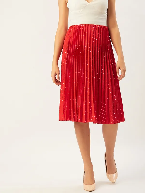 Red_&_White_Crepe_Polka_Print_Casual_Flared_Skirt_For_Women