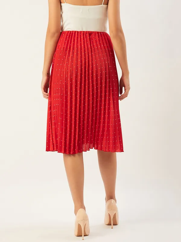 Red_&_White_Crepe_Polka_Print_Casual_Flared_Skirt_For_Women