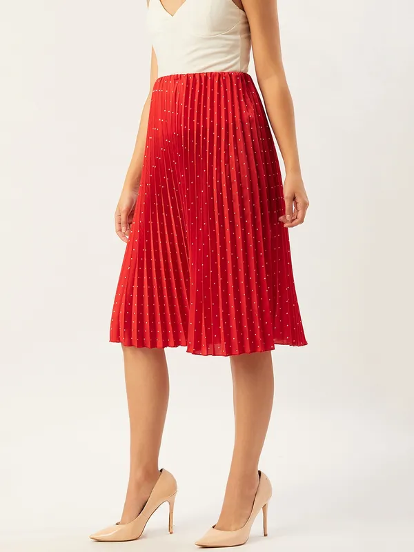 Red_&_White_Crepe_Polka_Print_Casual_Flared_Skirt_For_Women