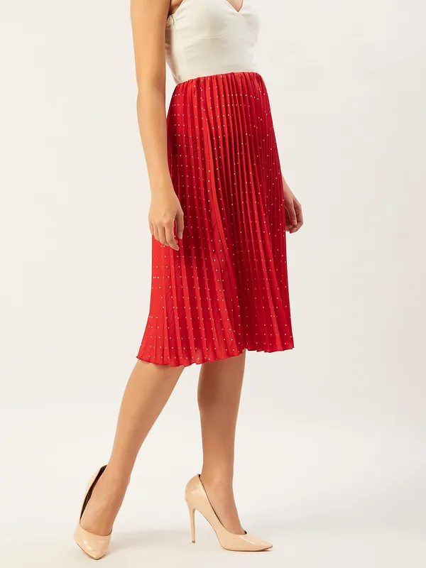 Red_&_White_Crepe_Polka_Print_Casual_Flared_Skirt_For_Women