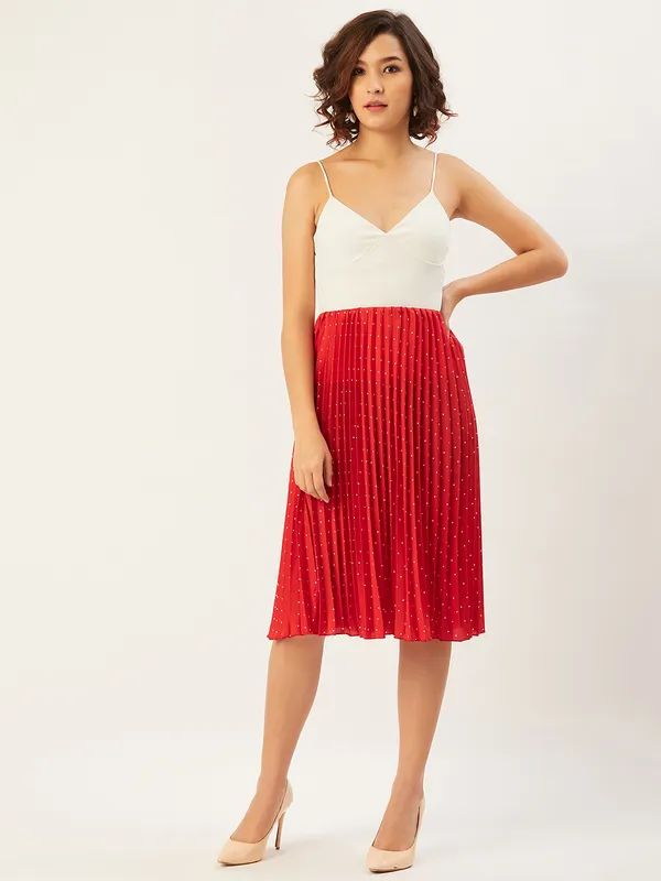 Red_&_White_Crepe_Polka_Print_Casual_Flared_Skirt_For_Women